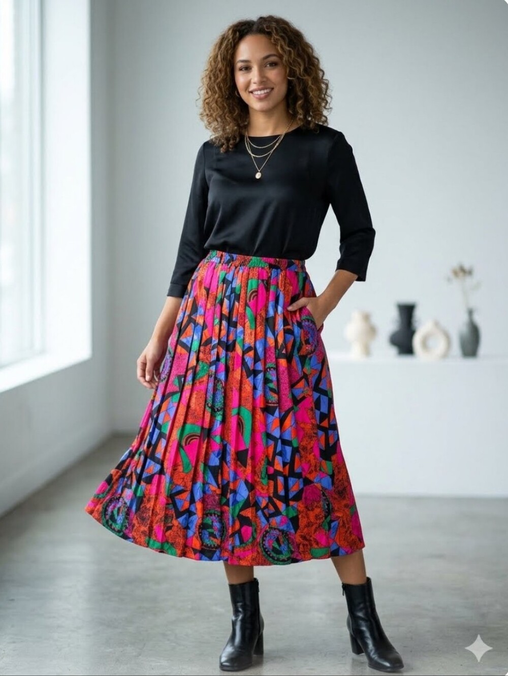13/14💜'90 Vintage Vivid Geometric A-Line Pleated Skirt - Multicolor